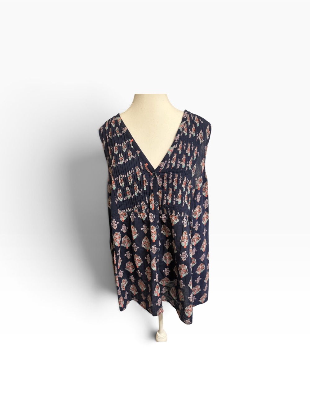 Maeve Anthropologie XL Navy Floral Pintuck Tunic Blouse Boho Cotton